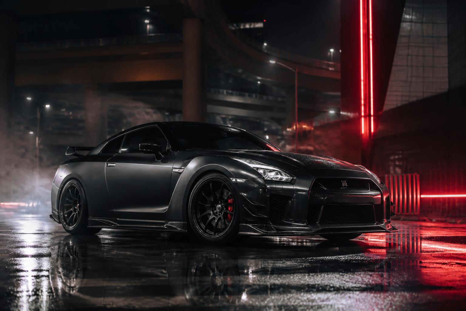 Matte black Nissan GT-R R35 on wet asphalt in Tokyo at night